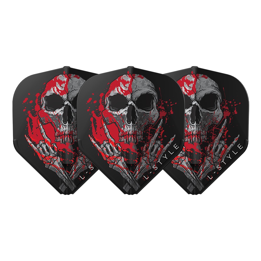 L-Style Champagne Flight EZ Ryan Searle V3 Standard in Schwarz mit Totenkopf-Motiv, Set mit drei Flights
