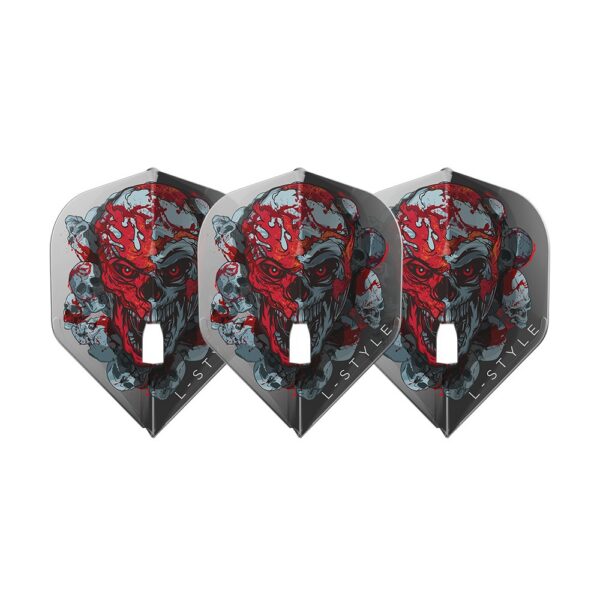 L-Style Champagne Flight Pro Ryan Searle V4 Standard in Schwarz Transparent mit Totenkopf-Motiv, Set mit drei Flights