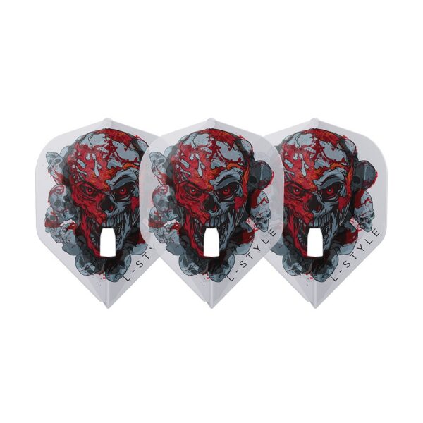 L-Style Champagne Flight Pro Ryan Searle V4 Standard in Weiß Transparent mit Totenkopf-Motiv, Set mit drei Flights