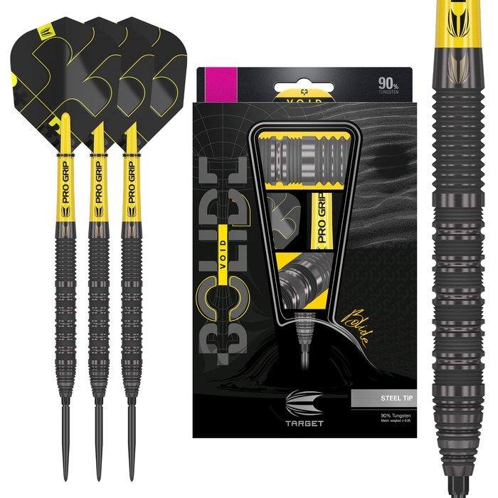 Target Bolide Void 01 Swiss Point Steeldarts in Schwarz mit gelben Pro Grip Schäften und Verpackung