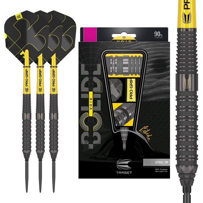 Target Bolide Void 02 Swiss Point Steeldarts in Schwarz mit gelben Pro Grip Schäften und Verpackung