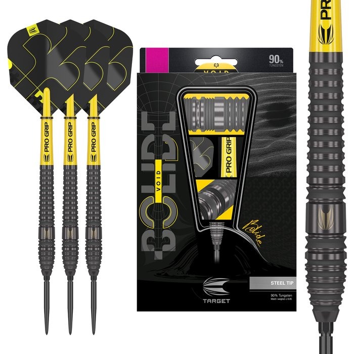 Target Bolide Void 03 Swiss Point Steeldarts in Schwarz mit gelben Pro Grip Schäften und Verpackung