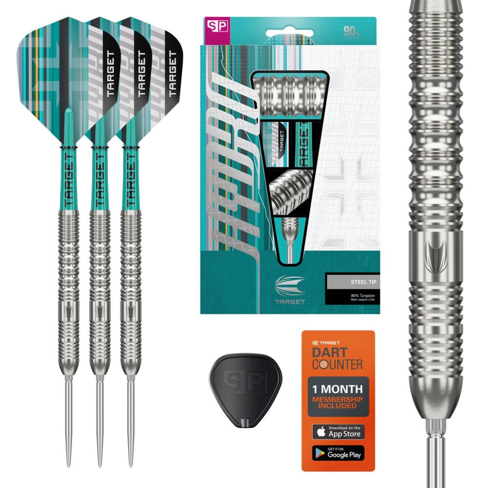 Target Hydro 01 Swiss Point Steeldarts mit Verpackung, Swiss Point Tool und DartCounter-Karte