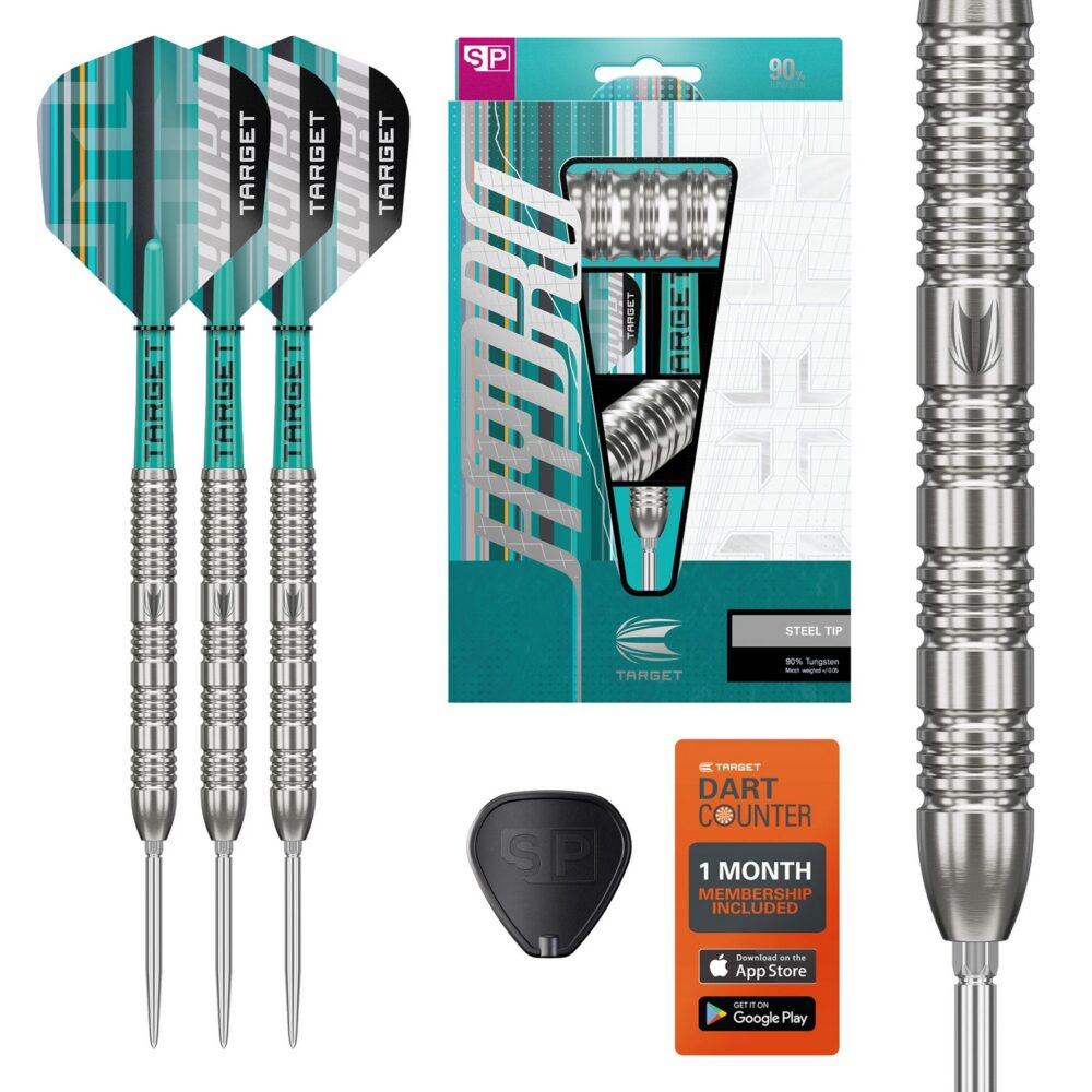 Target Hydro 02 Swiss Point Steeldarts mit Verpackung, Swiss Point Tool und DartCounter-Karte