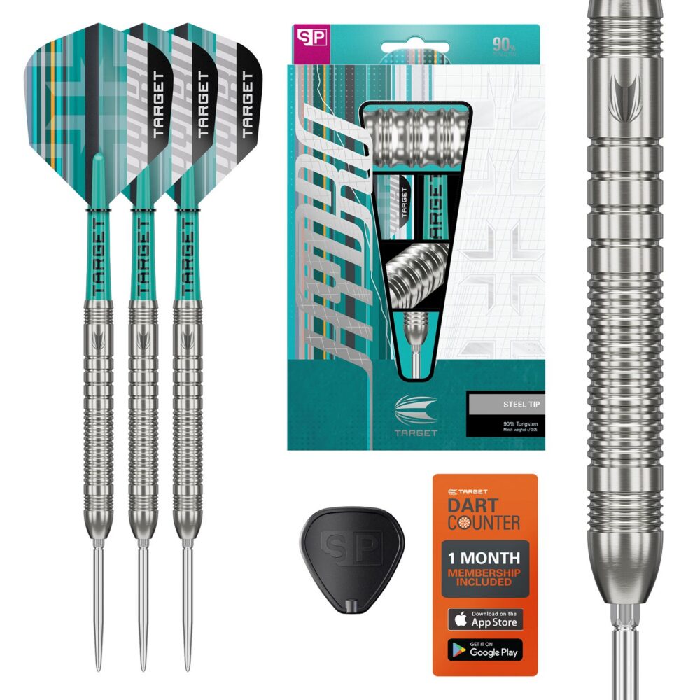 Target Hydro 03 Swiss Point Steeldarts mit Verpackung, Swiss Point Tool und DartCounter-Karte