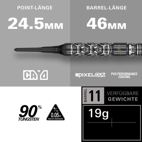 target-luke-littler-nuke-fallout-softdart-03 Technische Daten Target Luke Littler Nuke Fallout Softdart: 24,5 mm Cryo Tip, 46 mm Barrel, 19 g