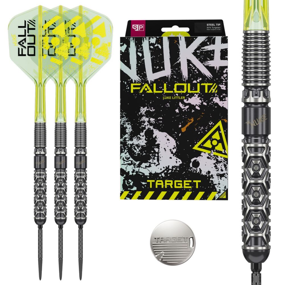 Target Luke Littler Nuke Fallout Steeldarts mit neongelben K-Flex Flights, Verpackung und Swiss Point Tool