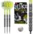 Target Luke Littler Nuke Fallout Steeldarts mit neongelben K-Flex Flights, Verpackung und Swiss Point Tool