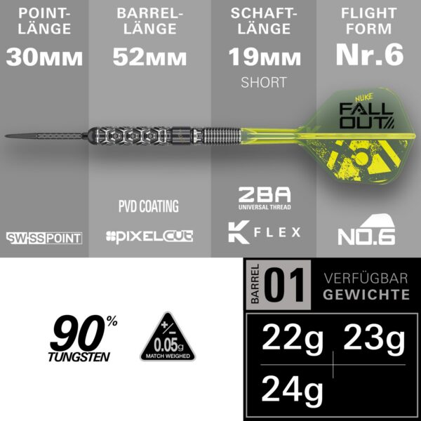 Technische Daten Target Luke Littler Nuke Fallout: 30 mm Swiss Point, 52 mm Barrel, K-Flex Short No6