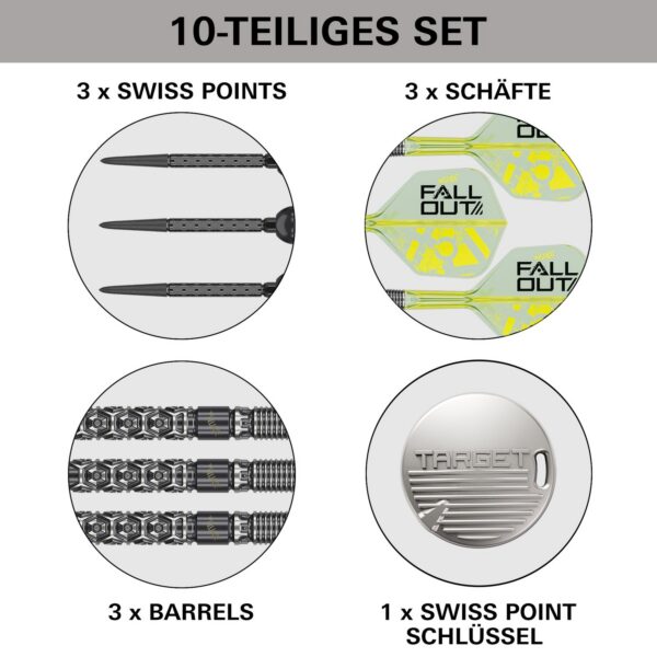 Lieferumfang Target Luke Littler Nuke Fallout: Barrels, Swiss Points, K-Flex und Swiss Point Tool