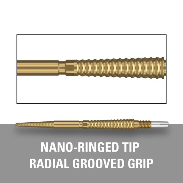 Nano-Ring-Spitze und radial gerillter Grip der Target Swiss Point Storm LNC Gold